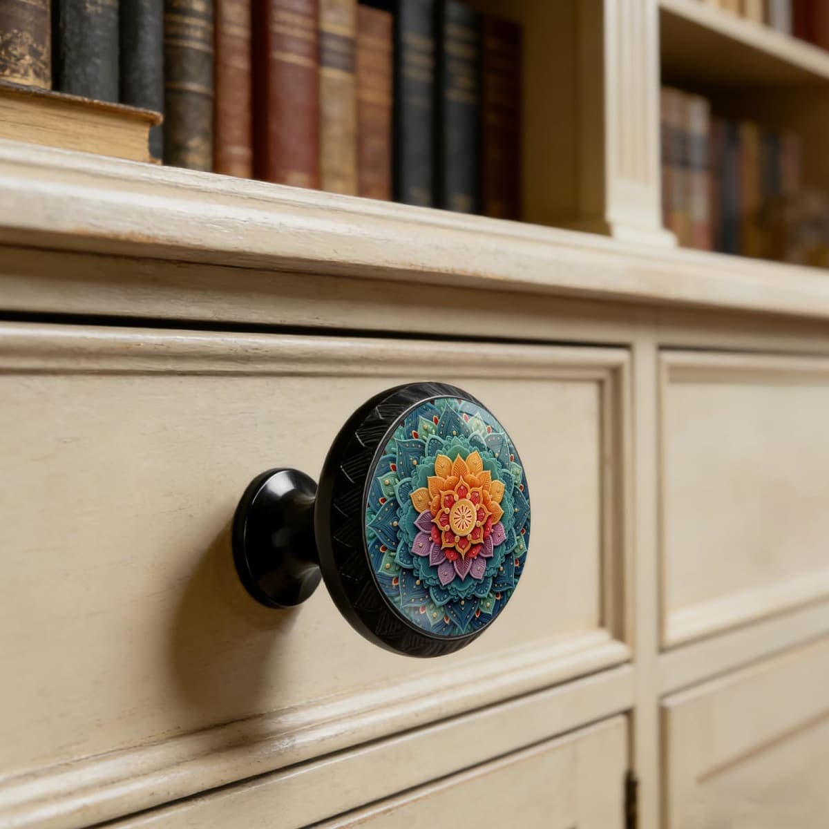 Yiruhe 4 Pack Colorful Mandala Design Kitchen Cabinet Knobs Acrylic Round Drawer Pulls for Dresser Cupboard Door Handles thumbnail 2