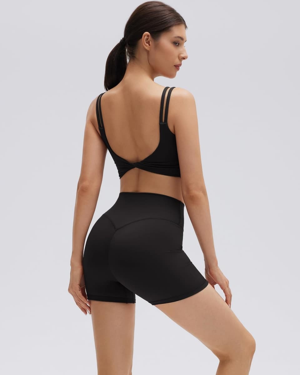 SUUKSESS Womens Workout Set Fitness Yoga Pilates Crop Tank Twist Back Cami High Waisted Tummy Control Bike Short, Black, Small thumbnail 3