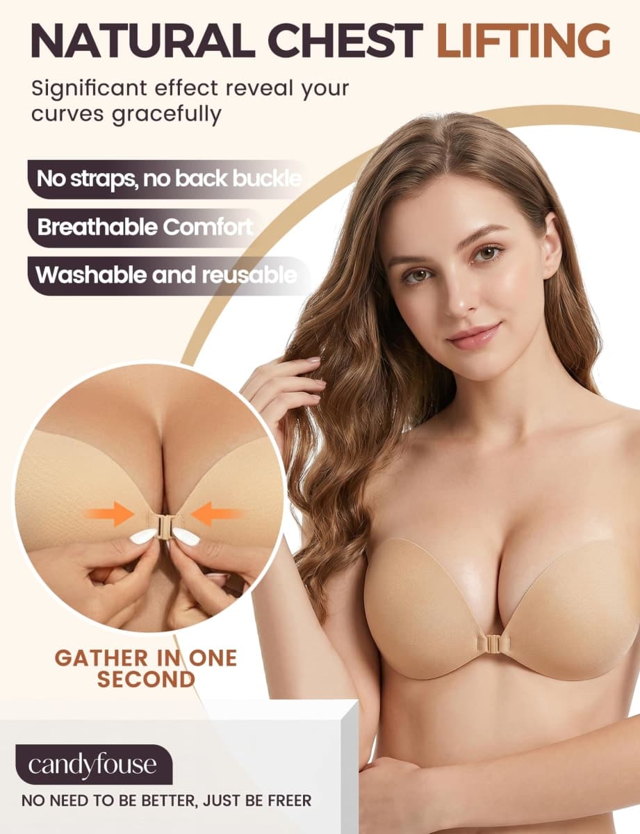 candyfouse Sticky Strapless Reusable Push Up Bra for Women, Nude, 30A thumbnail 2