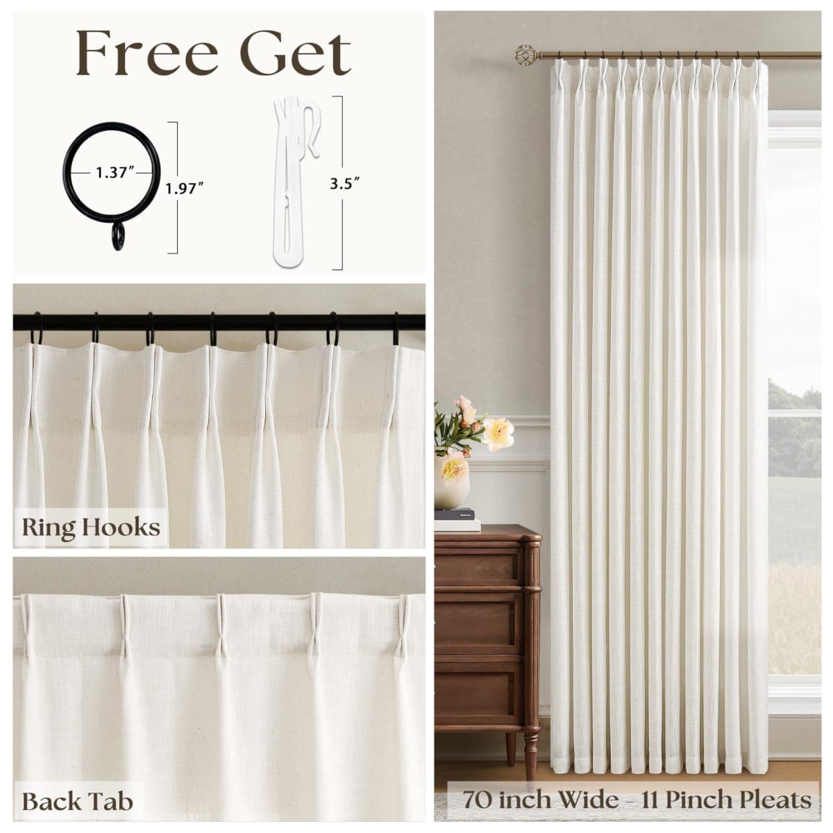 Pinch Pleated Linen 102 Inch Curtains 70 Inch Width for Living Room Divider Light Filtering Ivory Beige Extra Wide Patio Curtains Sliding Door Balcony Floor to Ceiling Window Natural 1 Panel 70x102 thumbnail 3