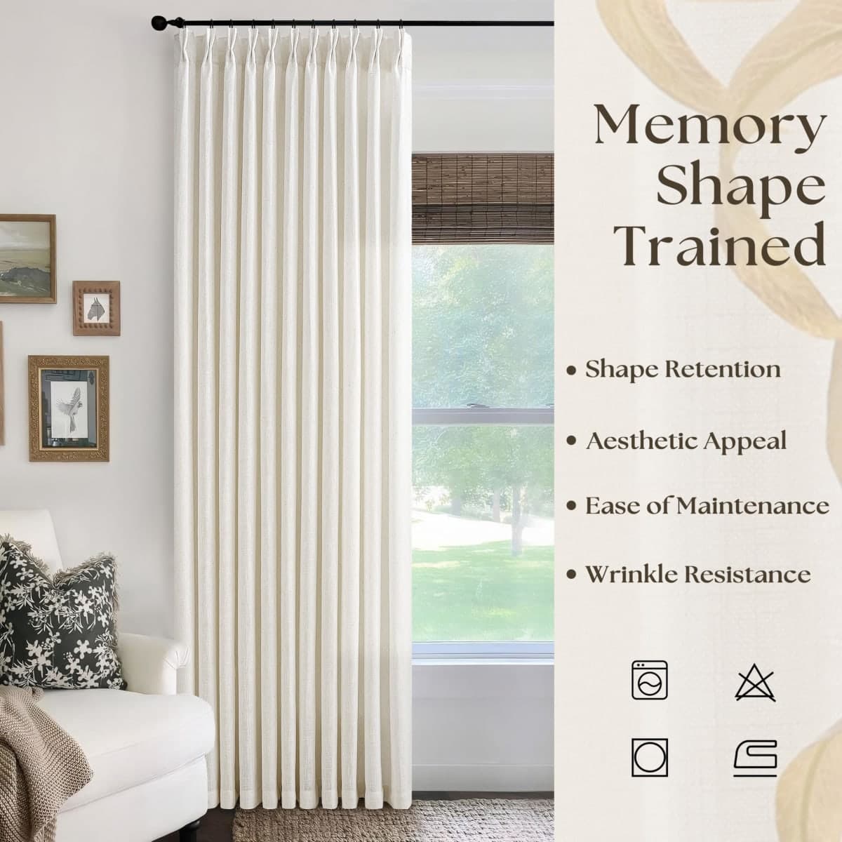 Pinch Pleated Linen 102 Inch Curtains 70 Inch Width for Living Room Divider Light Filtering Ivory Beige Extra Wide Patio Curtains Sliding Door Balcony Floor to Ceiling Window Natural 1 Panel 70x102 thumbnail 5