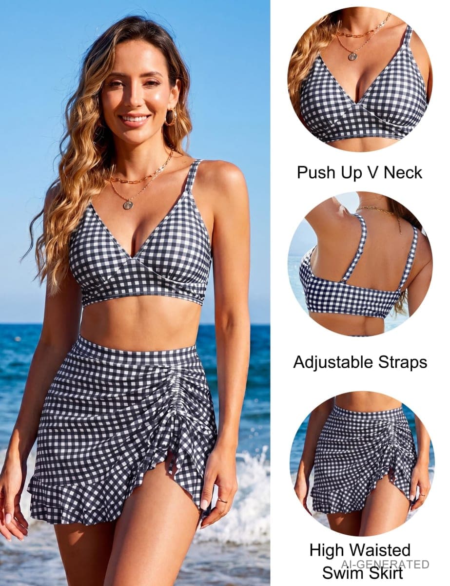 Blooming Jelly Women's High Waisted Bikini Sets Tummy Control Swim Skirt Two Piece Swim Suit 2025 Gingham Bikini, Black White Plaid, Medium thumbnail 3