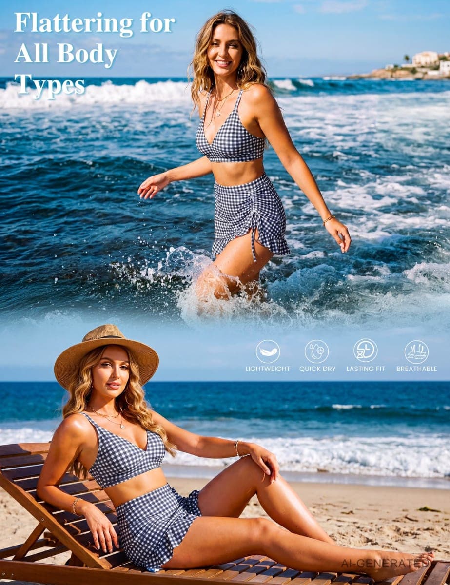 Blooming Jelly Women's High Waisted Bikini Sets Tummy Control Swim Skirt Two Piece Swim Suit 2025 Gingham Bikini, Black White Plaid, Medium thumbnail 4