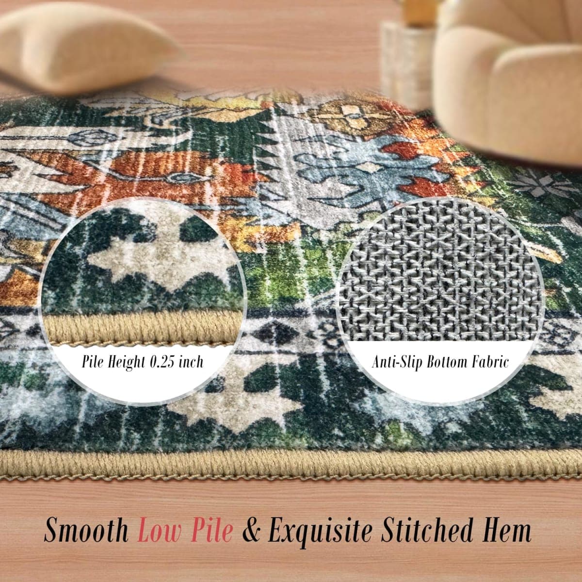 RUGSURE Washable Area Rugs - Perfect for Living Room, Bedroom, Kids Room, Nursery - Stain & Water Resistant Non-Slip, Pet & Child Friendly, Vintage Tribal Area Rugs (Green, 6' x 9') thumbnail 3