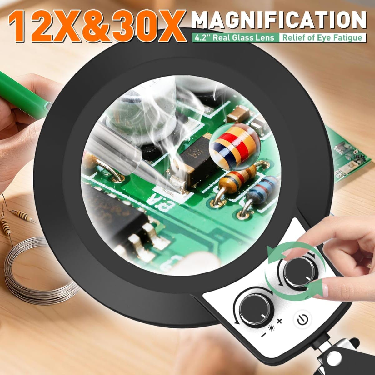 KMDES 12X 30X Magnifying Glass with Light and Stand, Extended Long Arm Magnifying Lamp for Close Work, Craft, Sewing, Workbench, Repair, Knob Lighted Magnifier Light Adjustable Color and Brightness thumbnail 2