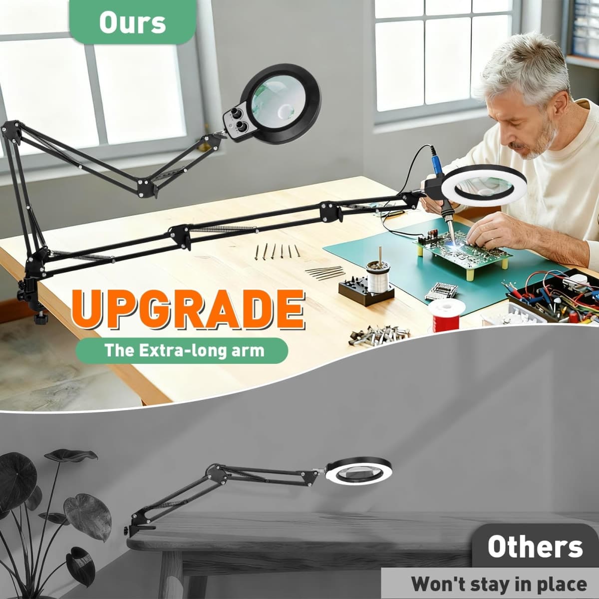 KMDES 12X 30X Magnifying Glass with Light and Stand, Extended Long Arm Magnifying Lamp for Close Work, Craft, Sewing, Workbench, Repair, Knob Lighted Magnifier Light Adjustable Color and Brightness thumbnail 3