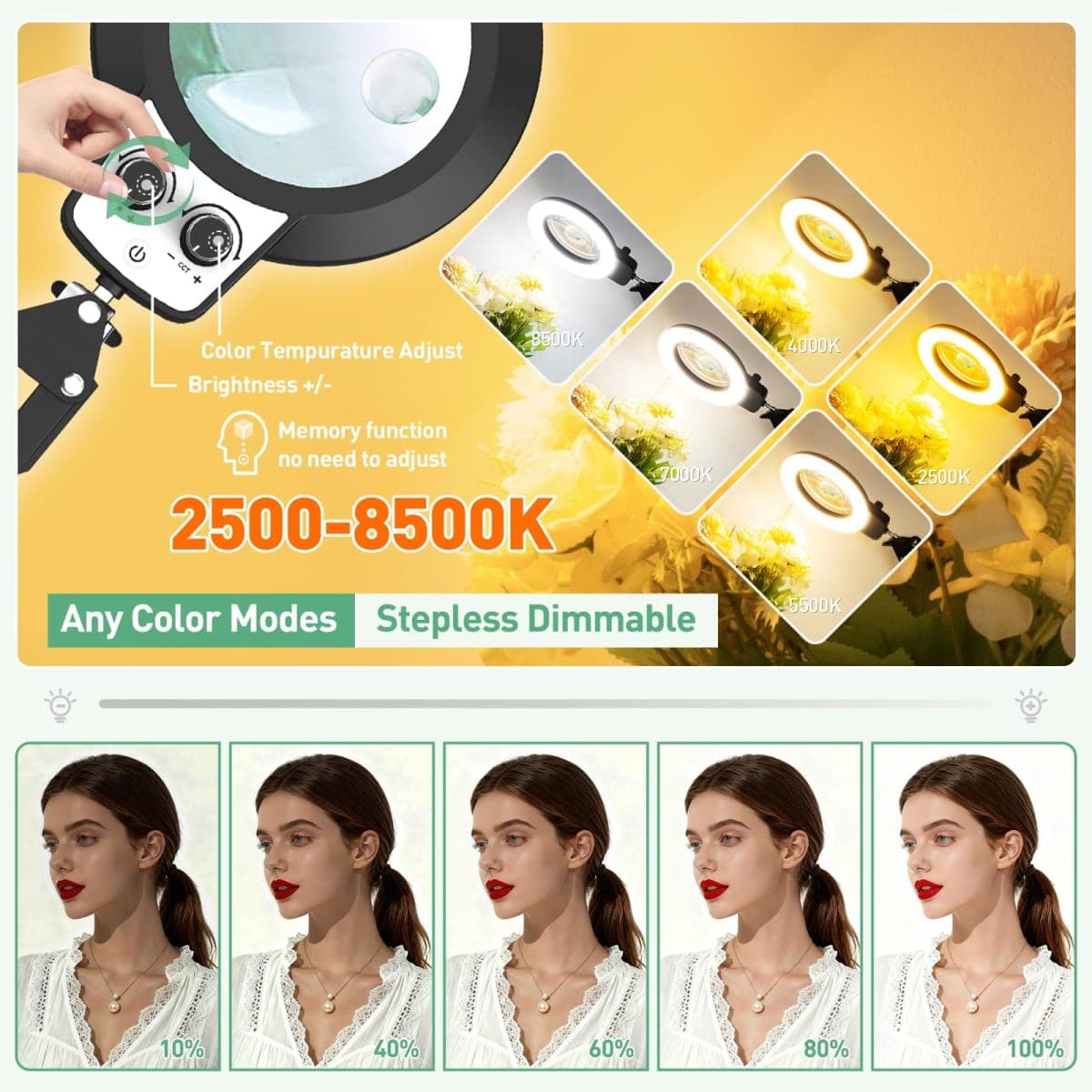 KMDES 12X 30X Magnifying Glass with Light and Stand, Extended Long Arm Magnifying Lamp for Close Work, Craft, Sewing, Workbench, Repair, Knob Lighted Magnifier Light Adjustable Color and Brightness thumbnail 5