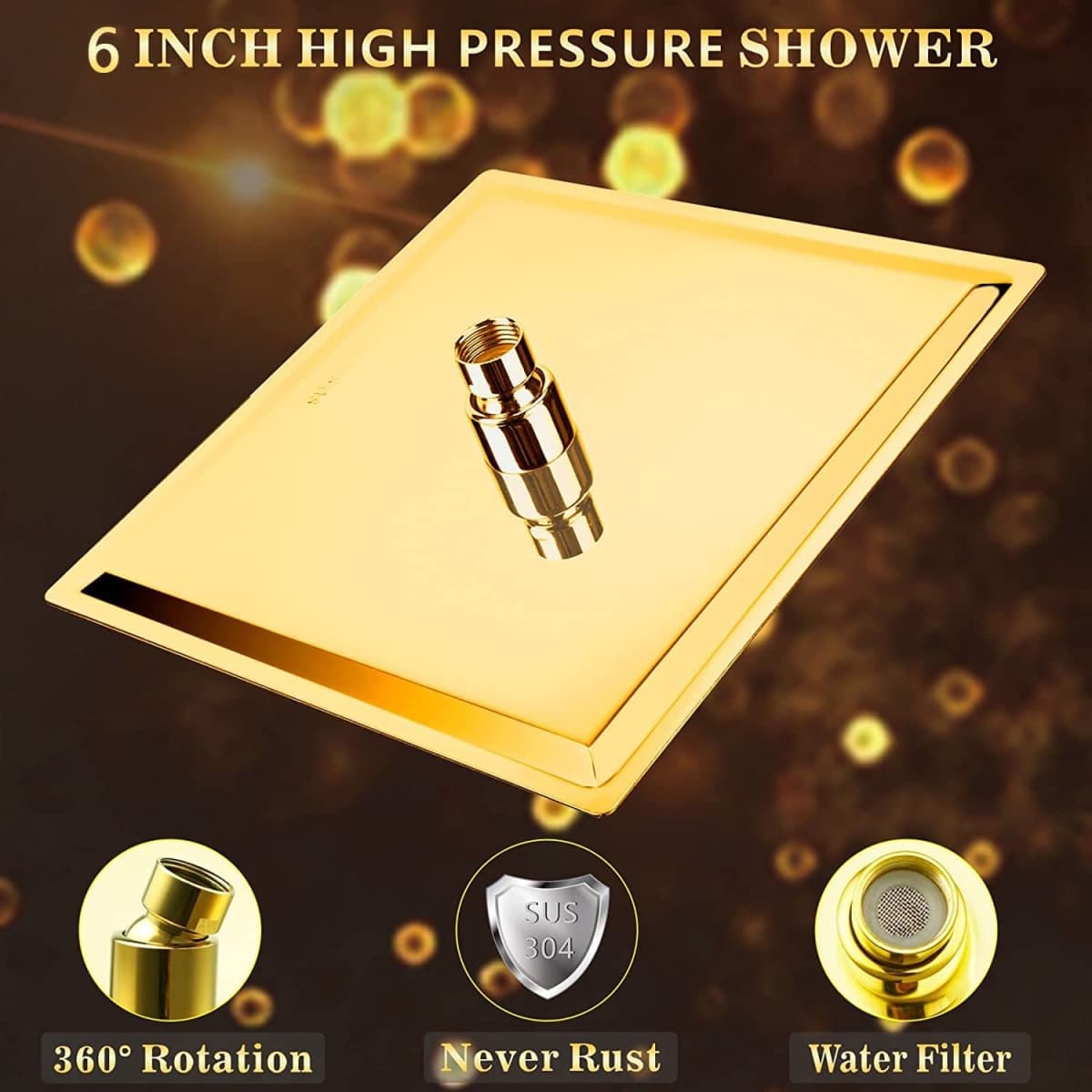 bellearly 6" High Pressure Square Rain Shower Head and Stainless Steel Hand Shower.Equipped with 78''Hose, 3 Way Diverter Valve,Adhesive Shower Head Holder, Square Shower Head Set, Gold thumbnail 2