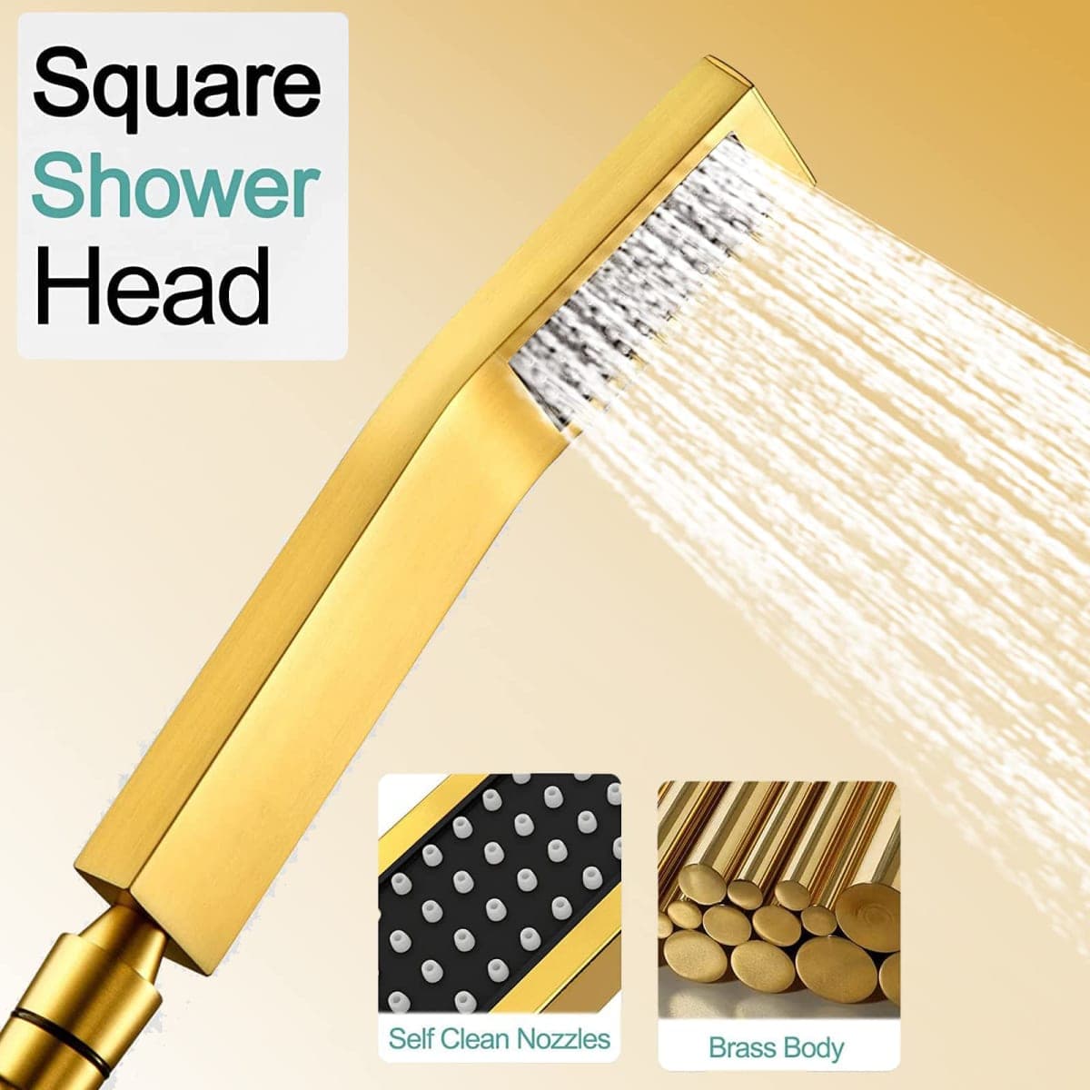 bellearly 6" High Pressure Square Rain Shower Head and Stainless Steel Hand Shower.Equipped with 78''Hose, 3 Way Diverter Valve,Adhesive Shower Head Holder, Square Shower Head Set, Gold thumbnail 4