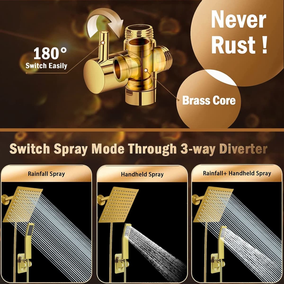 bellearly 6" High Pressure Square Rain Shower Head and Stainless Steel Hand Shower.Equipped with 78''Hose, 3 Way Diverter Valve,Adhesive Shower Head Holder, Square Shower Head Set, Gold thumbnail 5