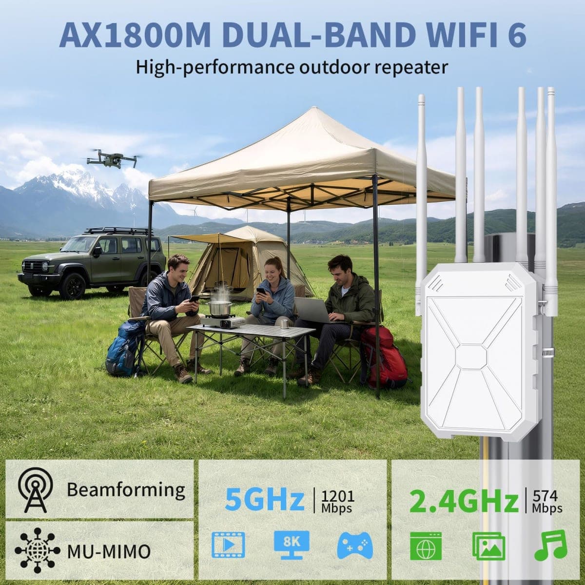 Outdoor WiFi Extender AX1800, Outdoor High Power Long Range WiFi Booster with 6 Antennas, Dual Band Outdoor Access Point Gigabit Port, WiFi Extenders Booster for Backyard, Garage, Farm, Pool thumbnail 2