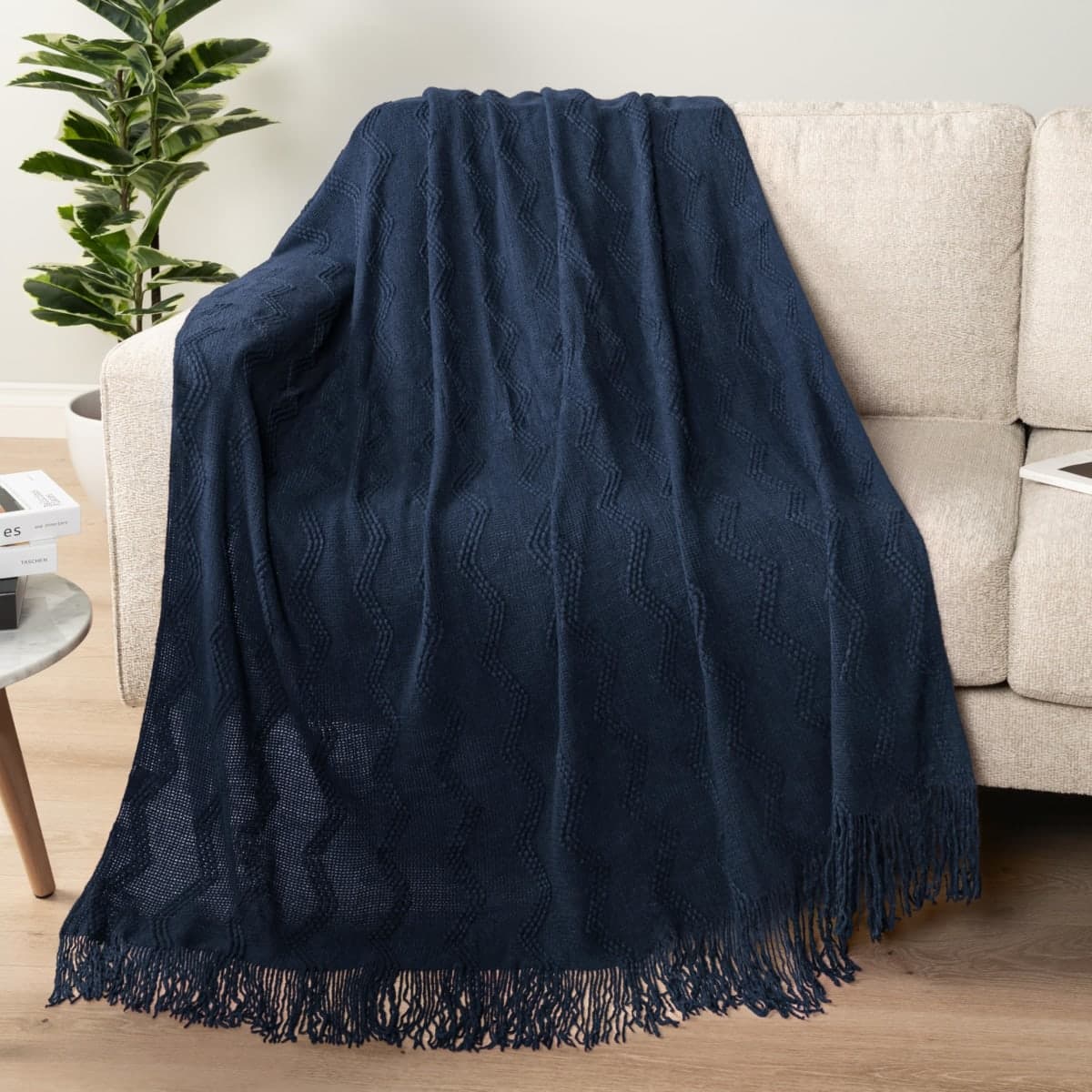 PAVILIA Navy Blue Knit Throw Blanket for Couch Bed, Soft Knitted Farmhouse Sofa Throw for Living Room, Lightweight Decorative Summer Throw Blanket for Chair, Outdoor Textured Boho Blanket, 50x60 thumbnail 2