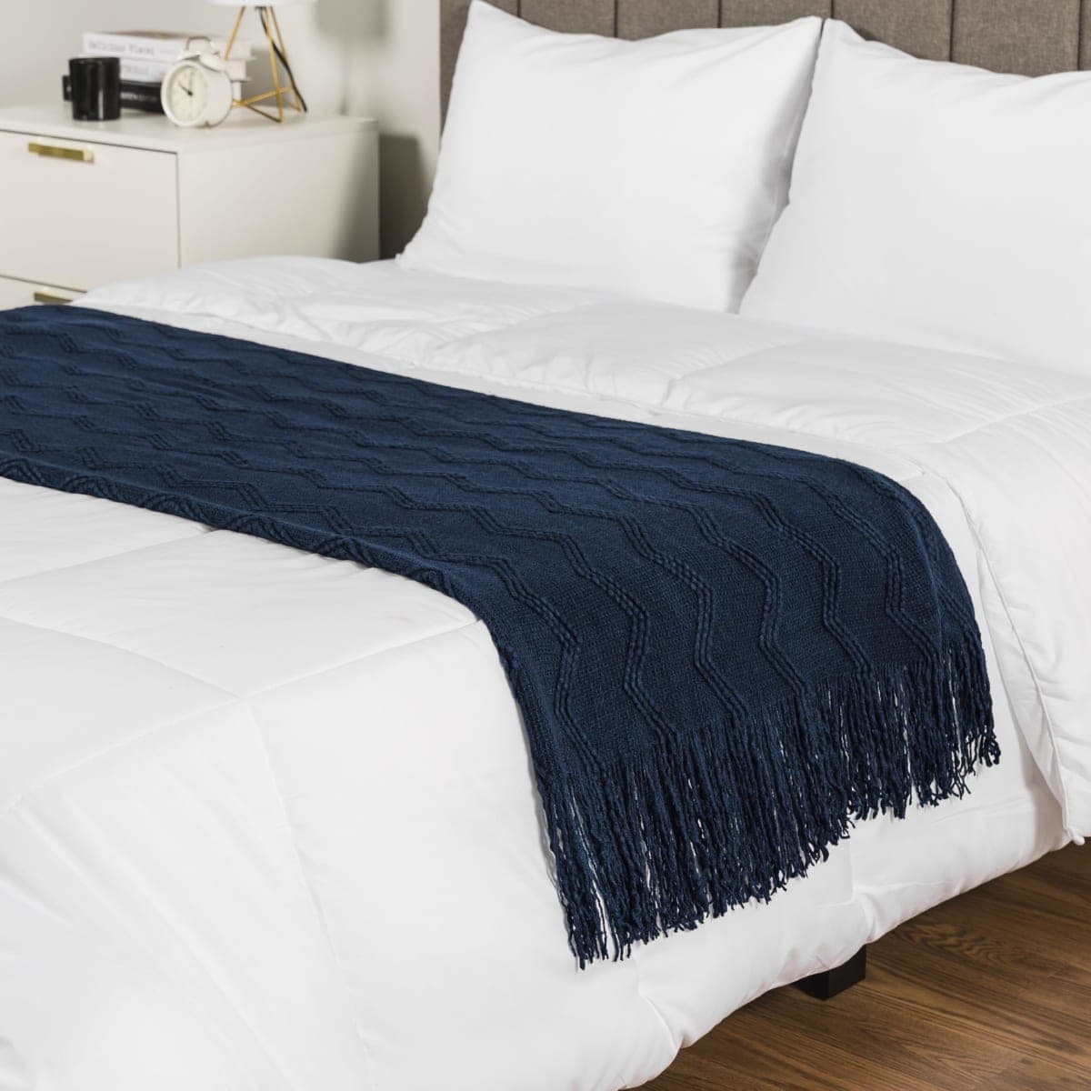 PAVILIA Navy Blue Knit Throw Blanket for Couch Bed, Soft Knitted Farmhouse Sofa Throw for Living Room, Lightweight Decorative Summer Throw Blanket for Chair, Outdoor Textured Boho Blanket, 50x60 thumbnail 4