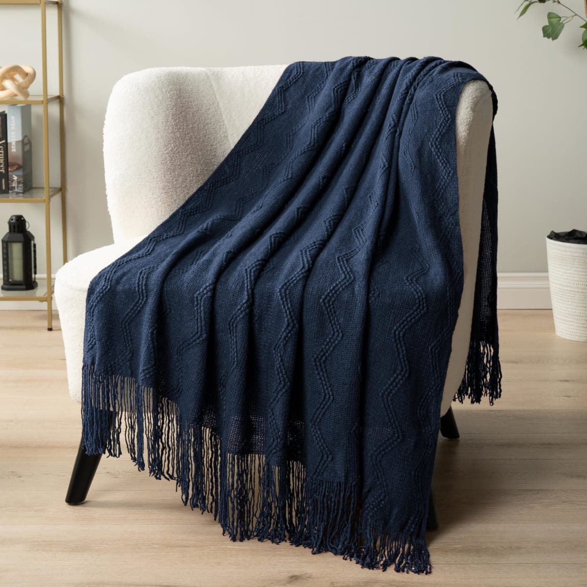 PAVILIA Navy Blue Knit Throw Blanket for Couch Bed, Soft Knitted Farmhouse Sofa Throw for Living Room, Lightweight Decorative Summer Throw Blanket for Chair, Outdoor Textured Boho Blanket, 50x60 thumbnail 5