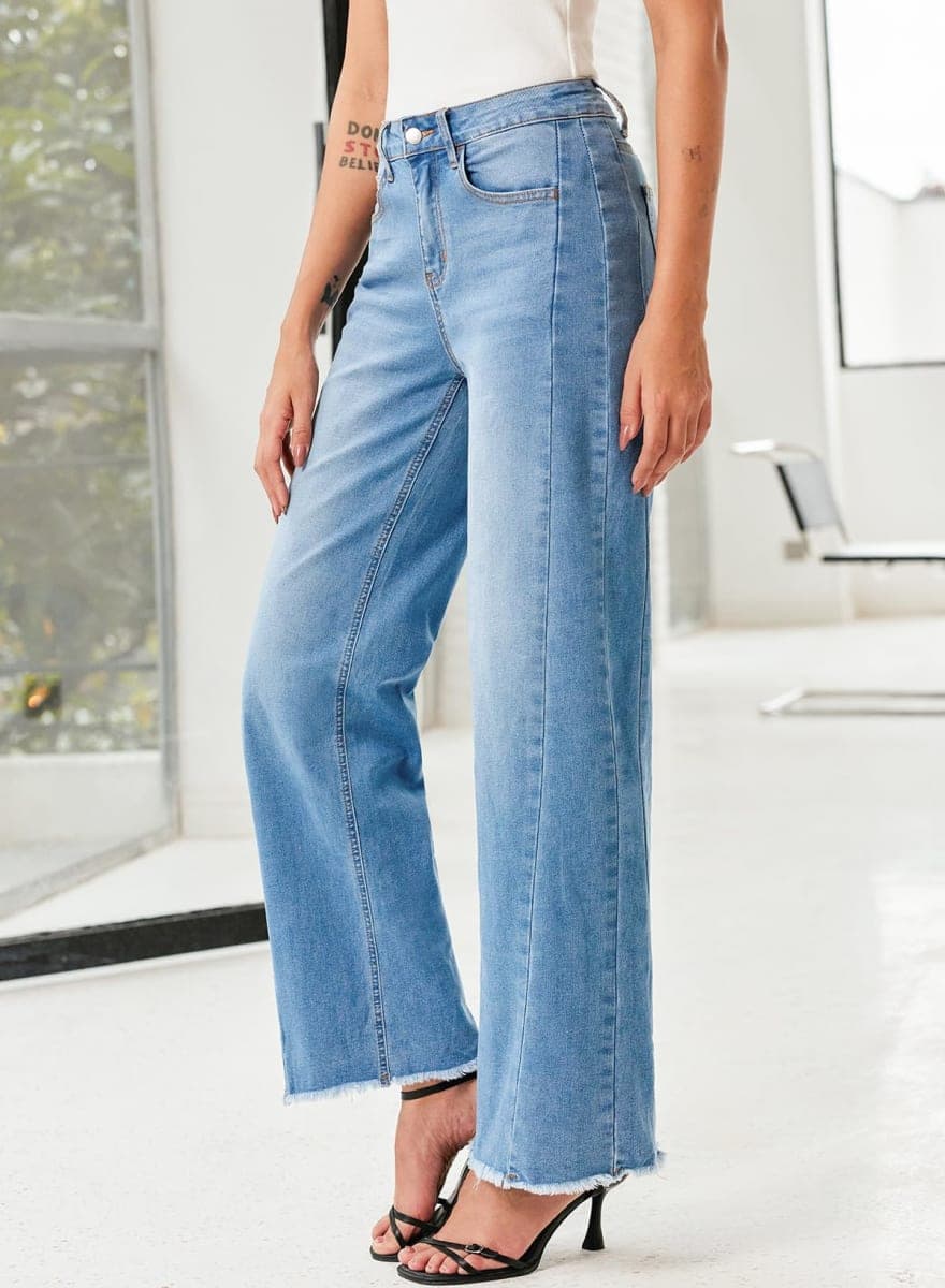 SIDEFEEL Women's Baggy Jeans Femme Trendy 2026 Strechy Wide Leg High Waisted Raw Hem Zimbaplatinum Denim Pants, Light Blue, 6 thumbnail 5