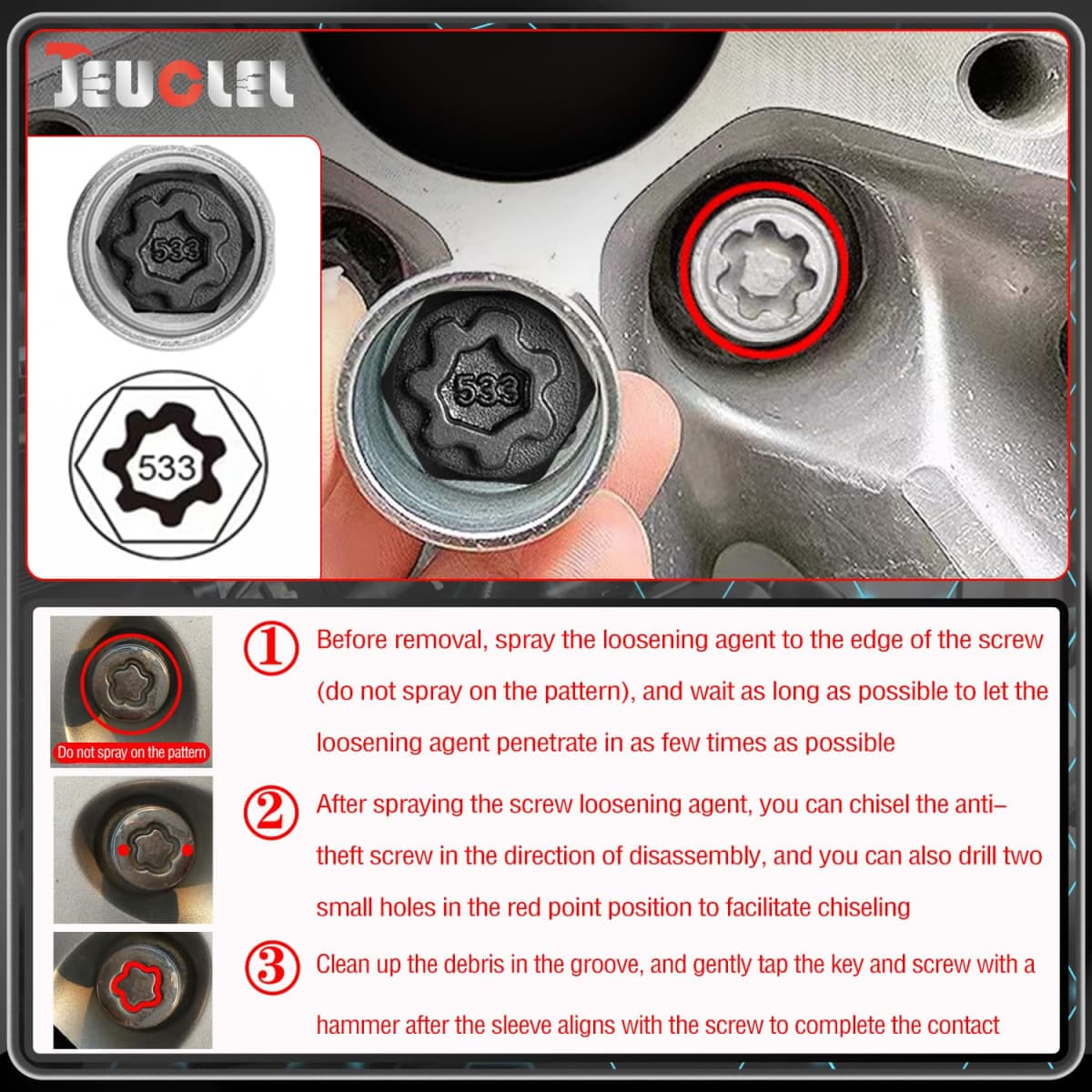 JEUCLEL 533 Wheel Locking Nut Key Compatible with VW VAG Volkswagen, (Socket OD 28mm - ID 25mm), Wheel Lock Nut Socket Adapter, Wheel Anti-Theft Lug Nut Removal Tool, Anti-Theft Screw Remover thumbnail 3