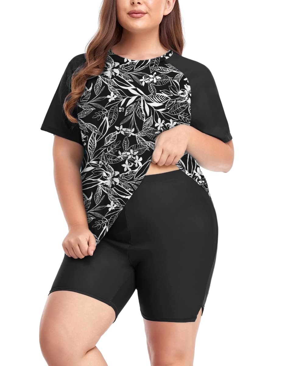 Inno Women's Plus Size 2 Piece Rash Guard Swimsuits Short Sleeve with Boyshorts UPF 50+ Surfing Swimwear, Floral 11, 2X — image 1