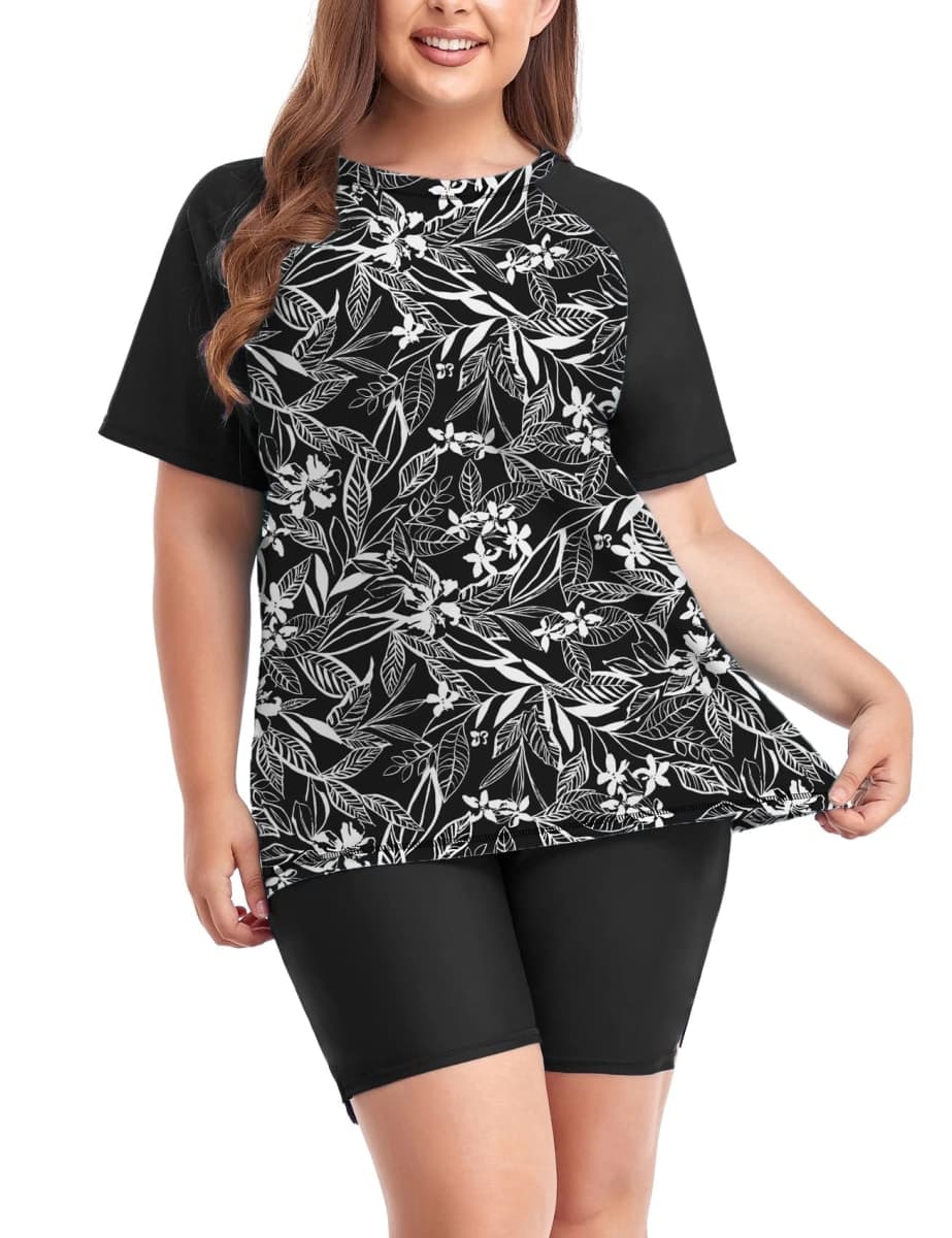 Inno Women's Plus Size 2 Piece Rash Guard Swimsuits Short Sleeve with Boyshorts UPF 50+ Surfing Swimwear, Floral 11, 2X thumbnail 2