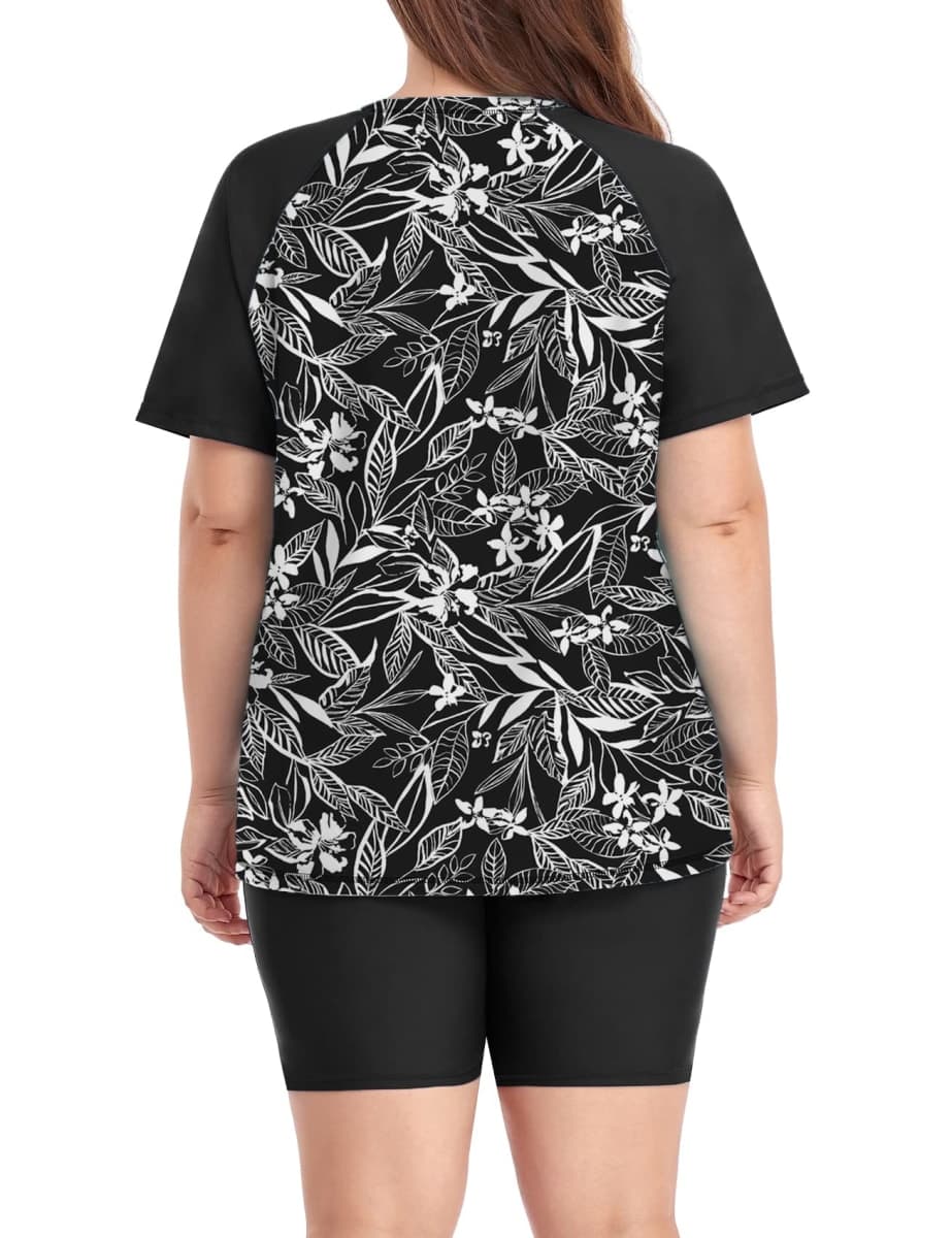 Inno Women's Plus Size 2 Piece Rash Guard Swimsuits Short Sleeve with Boyshorts UPF 50+ Surfing Swimwear, Floral 11, 2X thumbnail 4