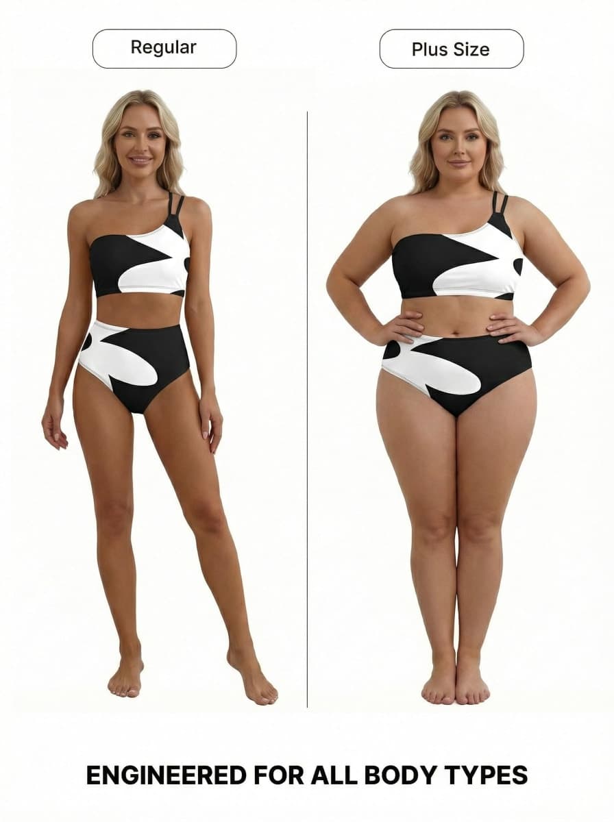 Herseas Women's 2 Piece Bikini Sets Floral Print High Waisted Adjustable Straps Padded One Shoulder High Rise Swim Suits Full Coverage Bathing Suit Casual Resort Outfits Black White Abstract X-Small thumbnail 5