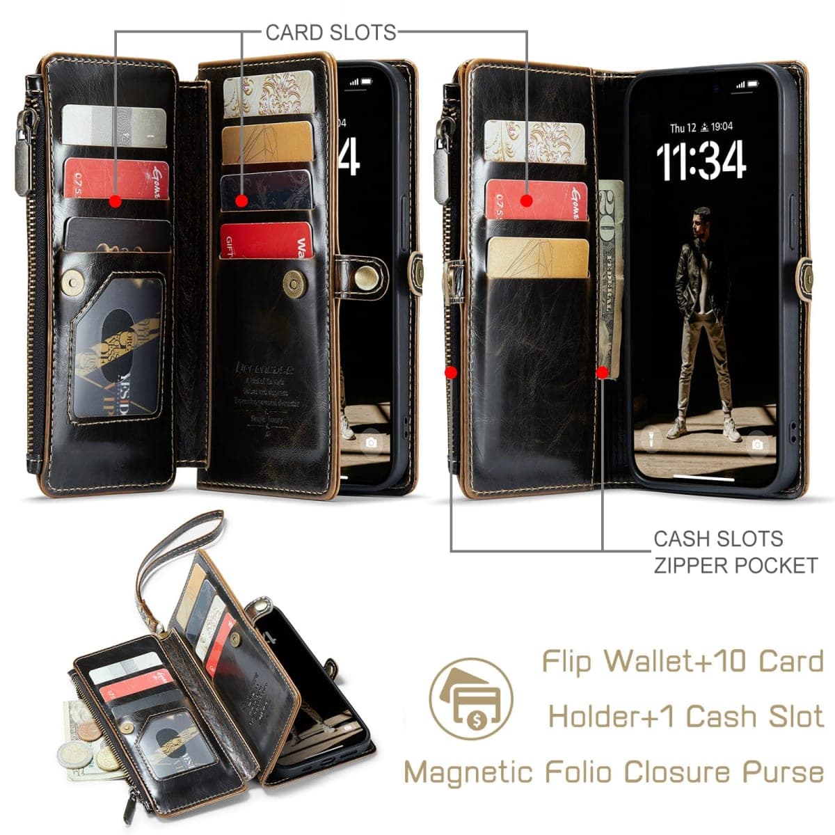 Defencase for iPhone 13 Pro Max Case, RFID Blocking for iPhone 13 Pro Max Case Wallet for Women with Card Holder, Zipper Magnetic Flip PU Leather Cover for iPhone 13 Pro Max Phone Case, Wine Red thumbnail 3
