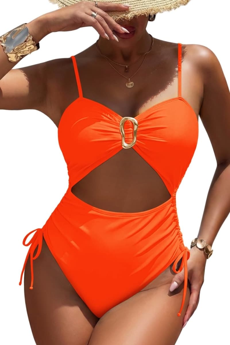 Viottiset Women's Cut Out Drawstring One Piece Swimsuit Cheeky High Cut Bathing Suit, Orange, X-Large — image 1