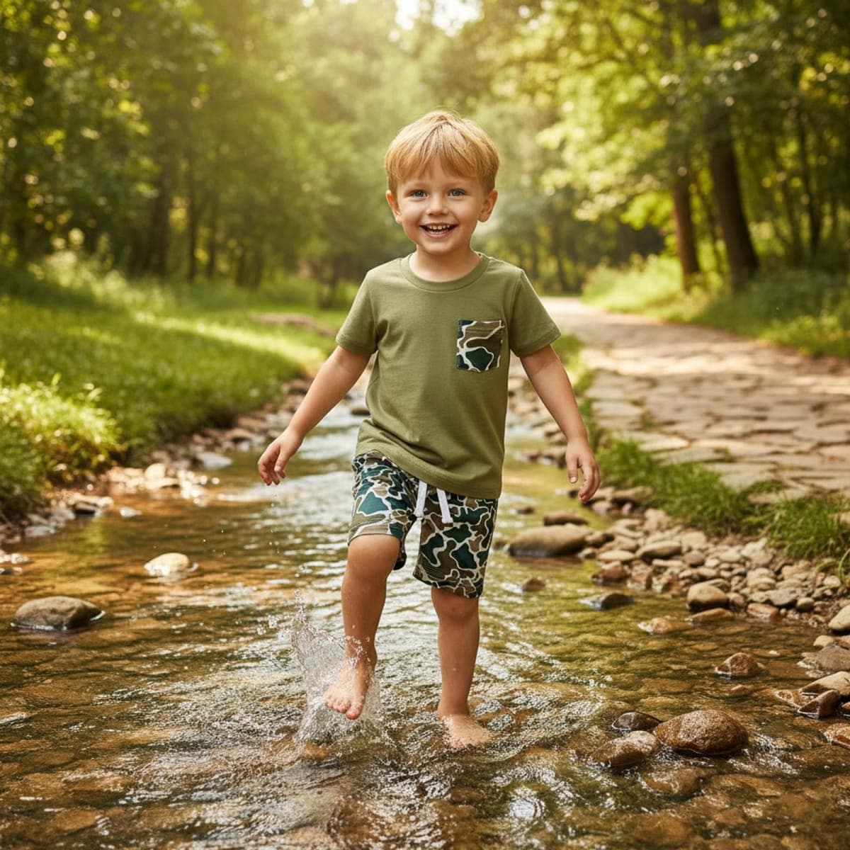 PUHHAPIEY Toddler Baby Boy Summer Clothes Retro Embroidery Duck Hunting Shirts T-Shirt + Elastic Camouflage Shorts Set, Camo Green, 12-18 Months thumbnail 2