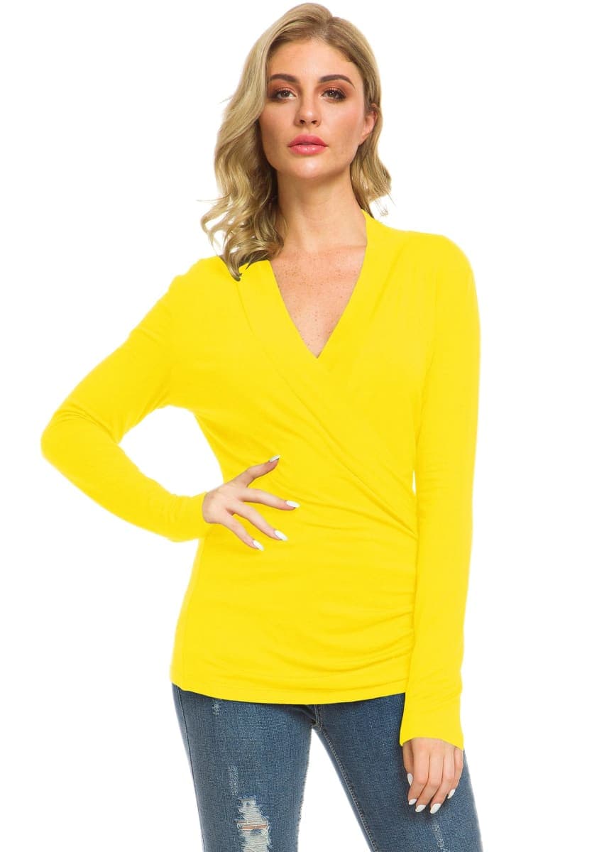 Afibi Womens Slim Fitted Deep V Neck Cross Wrap Top Long Sleeve T-Shirts, Yellow, Large thumbnail 2