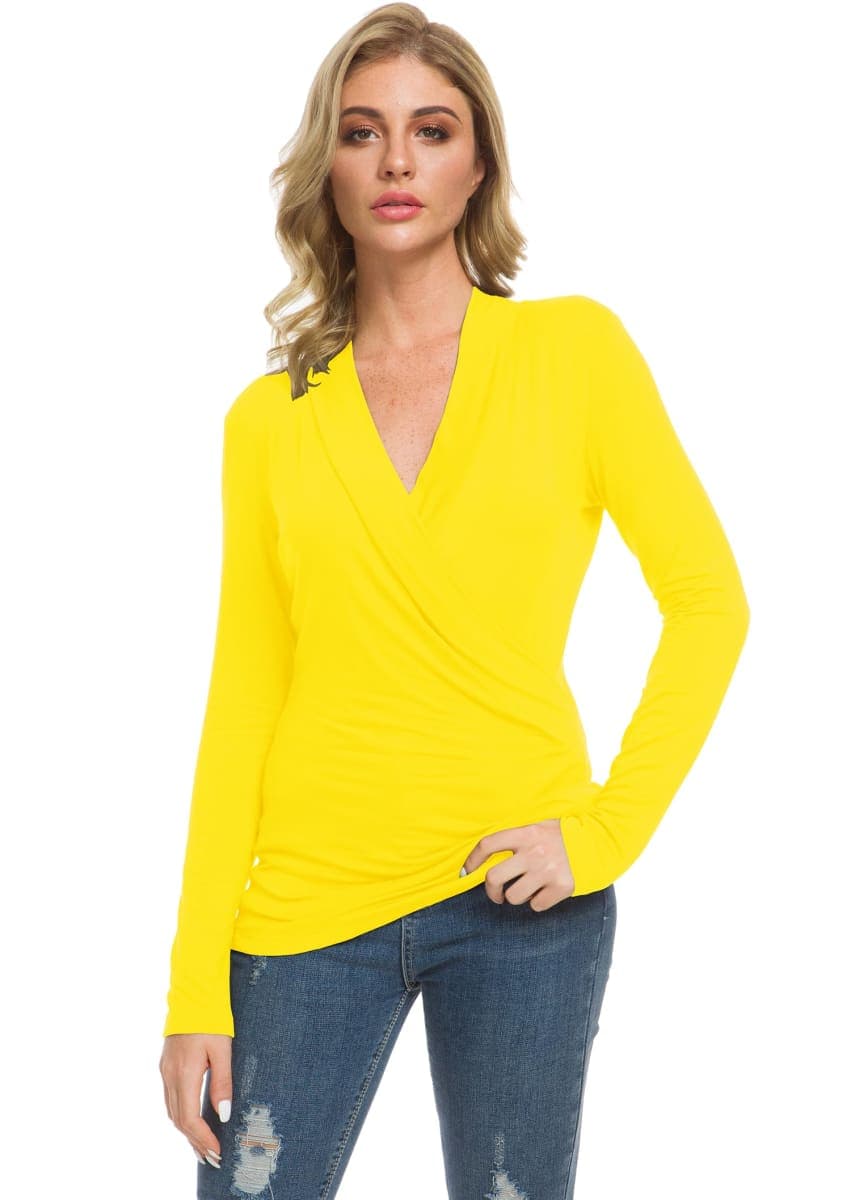 Afibi Womens Slim Fitted Deep V Neck Cross Wrap Top Long Sleeve T-Shirts, Yellow, Large thumbnail 4