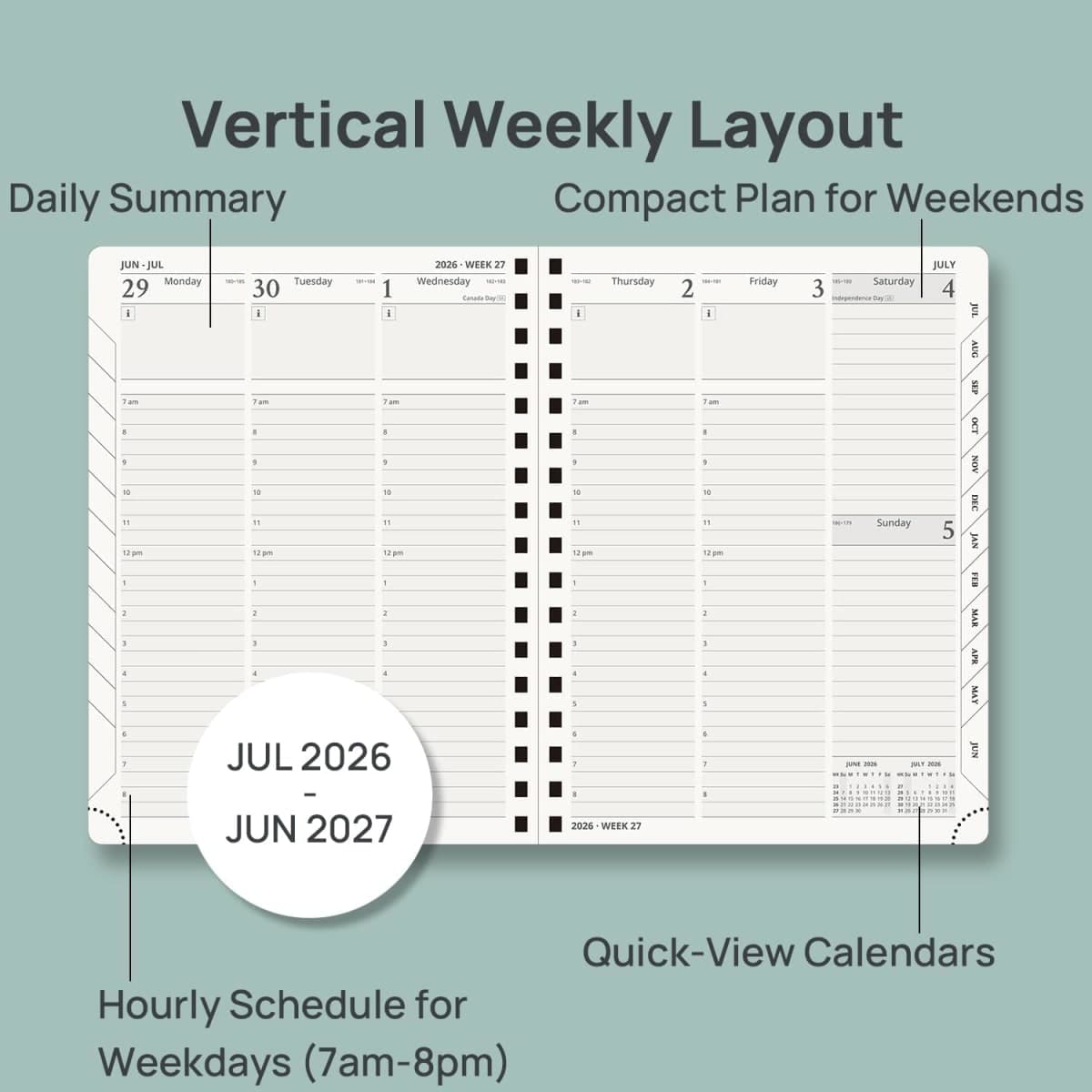 POPRUN Agenda 2026-2027 (Medium - 6.5'' x 8.5'') Academic Weekly Planner Calendar (July 2026 - June 2027) with Hourly Time Slots, Monthly Tabs, 100GSM Thick Papers, Spiral Leather Cover - Navy Blue thumbnail 3