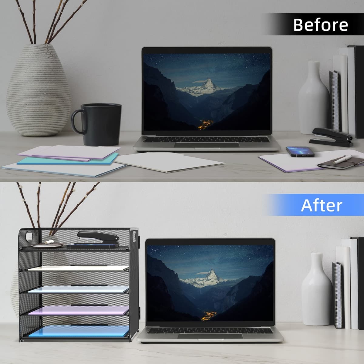 Supeasy 5 Trays Paper Organizer Letter Tray with Handle-Mesh Desk File Organizer, Paper Sorter for Office, Home or School, Black thumbnail 4