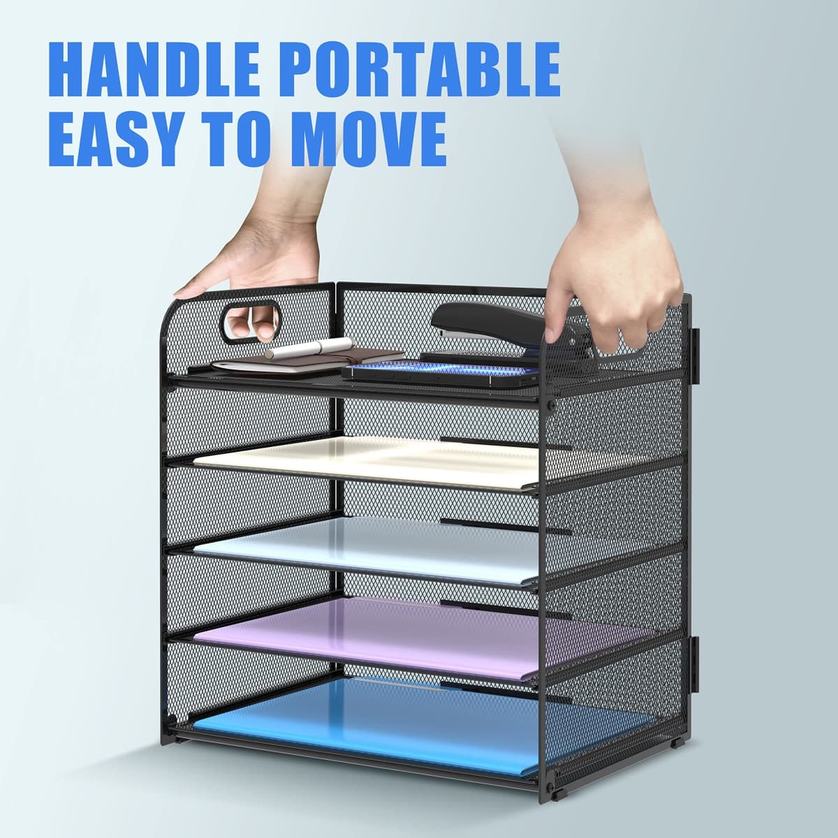 Supeasy 5 Trays Paper Organizer Letter Tray with Handle-Mesh Desk File Organizer, Paper Sorter for Office, Home or School, Black thumbnail 5