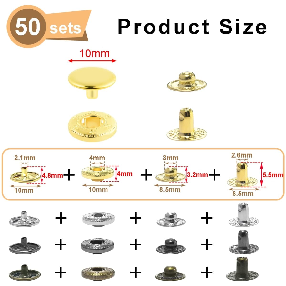 50Sets Snap Button Kit, 10mm Leather Snaps Fasteners, Metal Button Press Studs for Fabric Leather Bag Clothes Jackets Bracelets DIY for Sewing Accessories (Gold) thumbnail 2