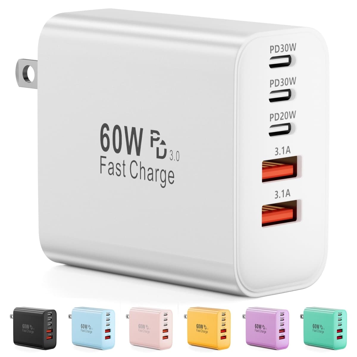 USB C Charger Block, 60W 5-Port Type C Charger Fast Charging Block, USBC USB Multiple Port Wall Charger Plug Adapter for iPhone 17/Air/16/15/14/13/12/11 Pro Max, Samsung Galaxy, iPad, Tablet (White) — image 1