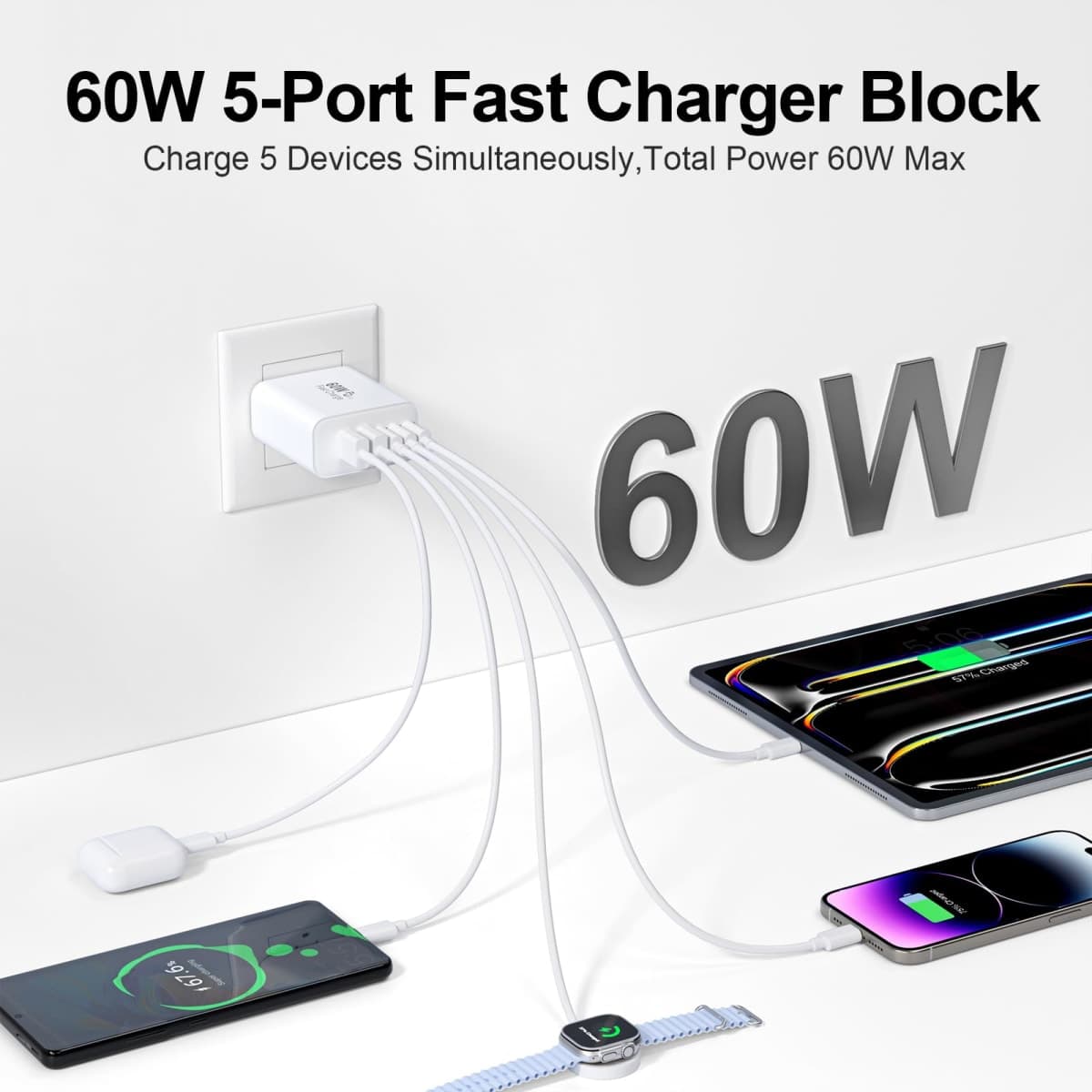 USB C Charger Block, 60W 5-Port Type C Charger Fast Charging Block, USBC USB Multiple Port Wall Charger Plug Adapter for iPhone 17/Air/16/15/14/13/12/11 Pro Max, Samsung Galaxy, iPad, Tablet (White) thumbnail 2