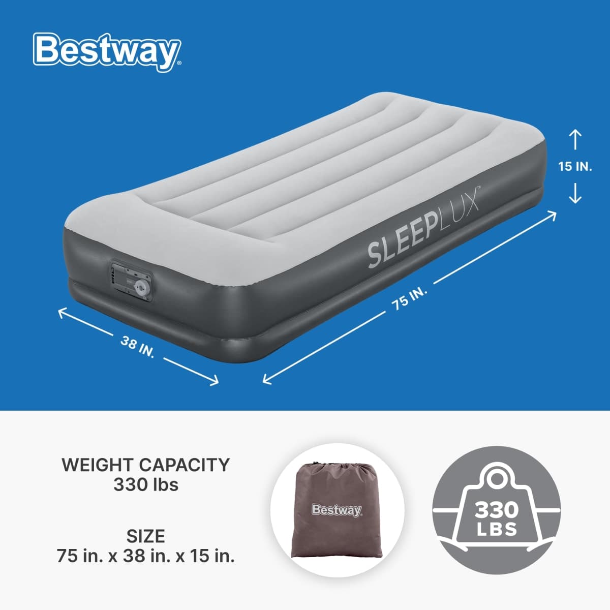 SleepLux Twin Air Mattress with Built-in AC Pump | 15" Raised Inflatable Airbed | Includes Built-in Pillow and USB Charge Port | Best Back and Shoulder Support | Durable Tritech Material thumbnail 2