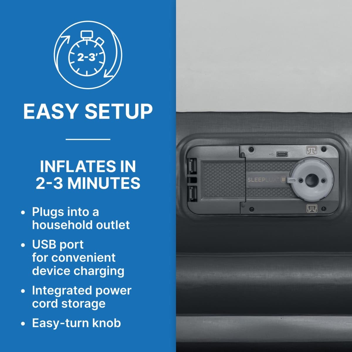 SleepLux Twin Air Mattress with Built-in AC Pump | 15" Raised Inflatable Airbed | Includes Built-in Pillow and USB Charge Port | Best Back and Shoulder Support | Durable Tritech Material thumbnail 3