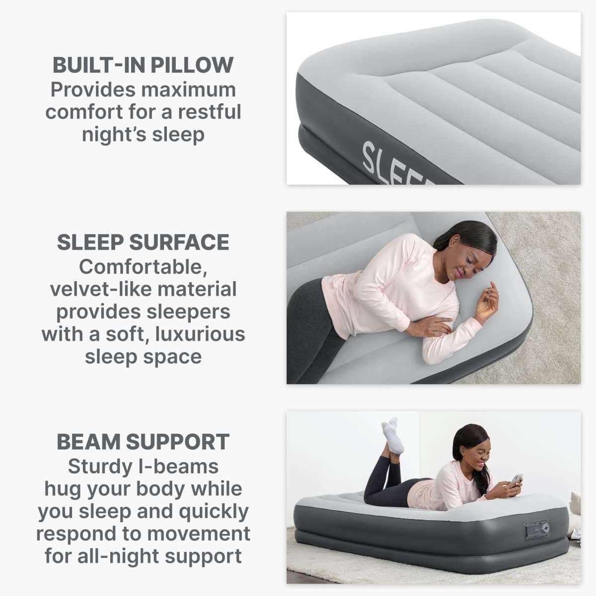 SleepLux Twin Air Mattress with Built-in AC Pump | 15" Raised Inflatable Airbed | Includes Built-in Pillow and USB Charge Port | Best Back and Shoulder Support | Durable Tritech Material thumbnail 5