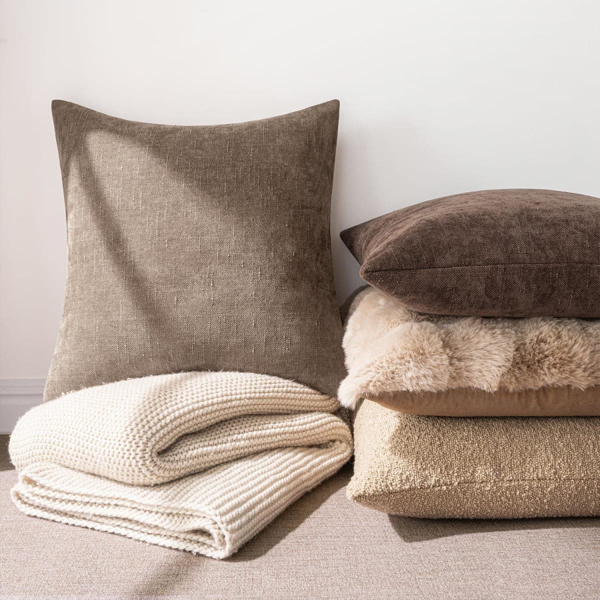 MIULEE Pack of 2 Decorative Throw Pillow Covers Soft Chenille Throw Pillows Solid Textured Cushion Covers for Couch Sofa Bedroom Living Room 18x18 Inch, Taupe Grey thumbnail 2