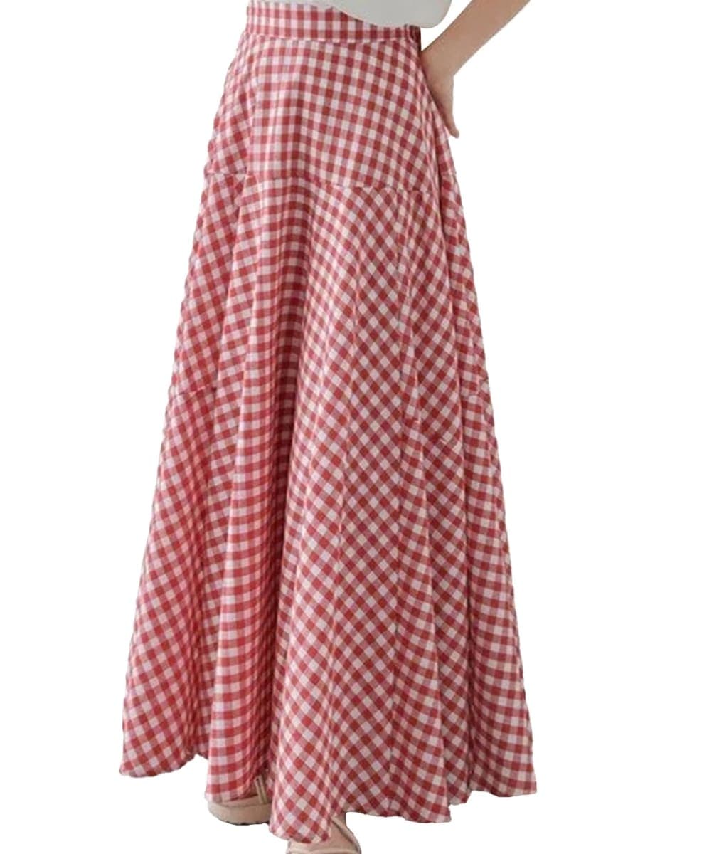 SOMTHRON Women's Retro Plaid Maxi Skirt A Line Pleated Flared Elastic High Waisted Gingham Summer Swing Long Skirt, Red, Small — image 1