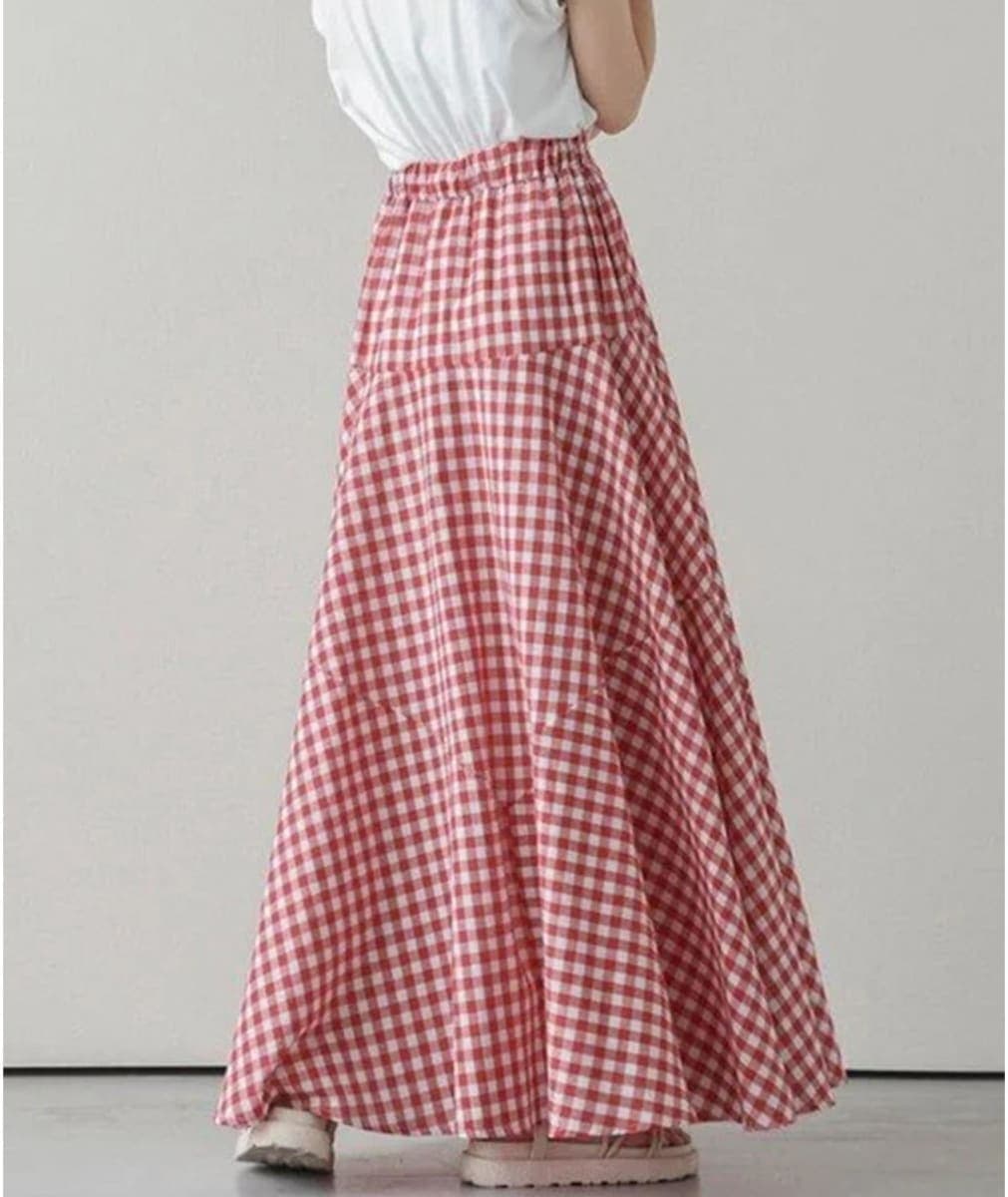 SOMTHRON Women's Retro Plaid Maxi Skirt A Line Pleated Flared Elastic High Waisted Gingham Summer Swing Long Skirt, Red, Small thumbnail 2