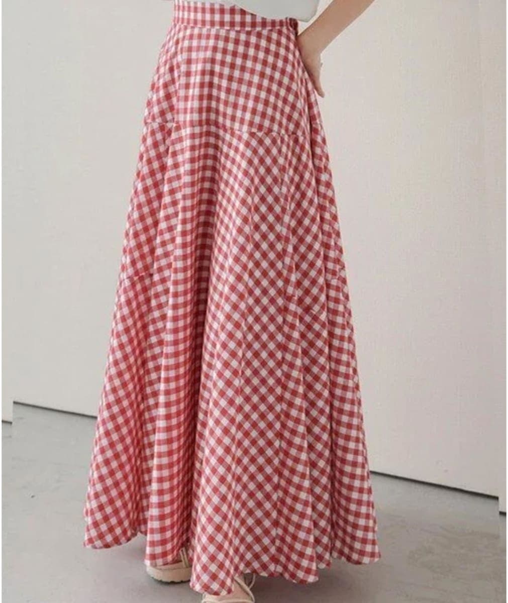 SOMTHRON Women's Retro Plaid Maxi Skirt A Line Pleated Flared Elastic High Waisted Gingham Summer Swing Long Skirt, Red, Small thumbnail 3