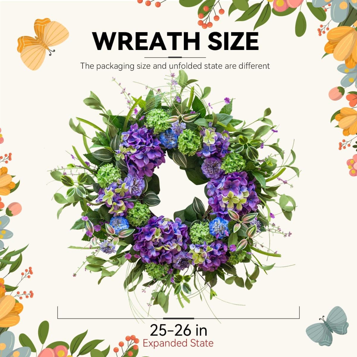 24 Inch Spring Wreath for Front Door, Artificial Hydrangea and Thistle Flowers, Spring and Summer Door Wreath with Lush Greenery, Summer Wreath for Indoor Outdoor Decor thumbnail 3