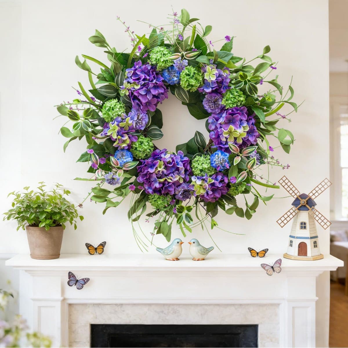 24 Inch Spring Wreath for Front Door, Artificial Hydrangea and Thistle Flowers, Spring and Summer Door Wreath with Lush Greenery, Summer Wreath for Indoor Outdoor Decor thumbnail 4