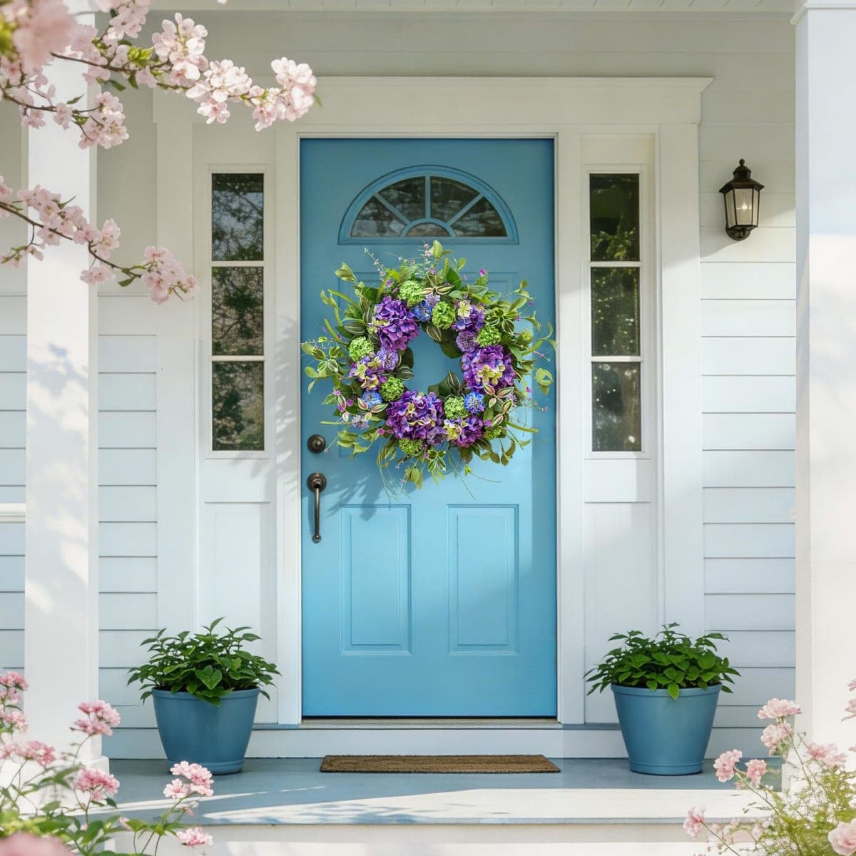 24 Inch Spring Wreath for Front Door, Artificial Hydrangea and Thistle Flowers, Spring and Summer Door Wreath with Lush Greenery, Summer Wreath for Indoor Outdoor Decor thumbnail 5