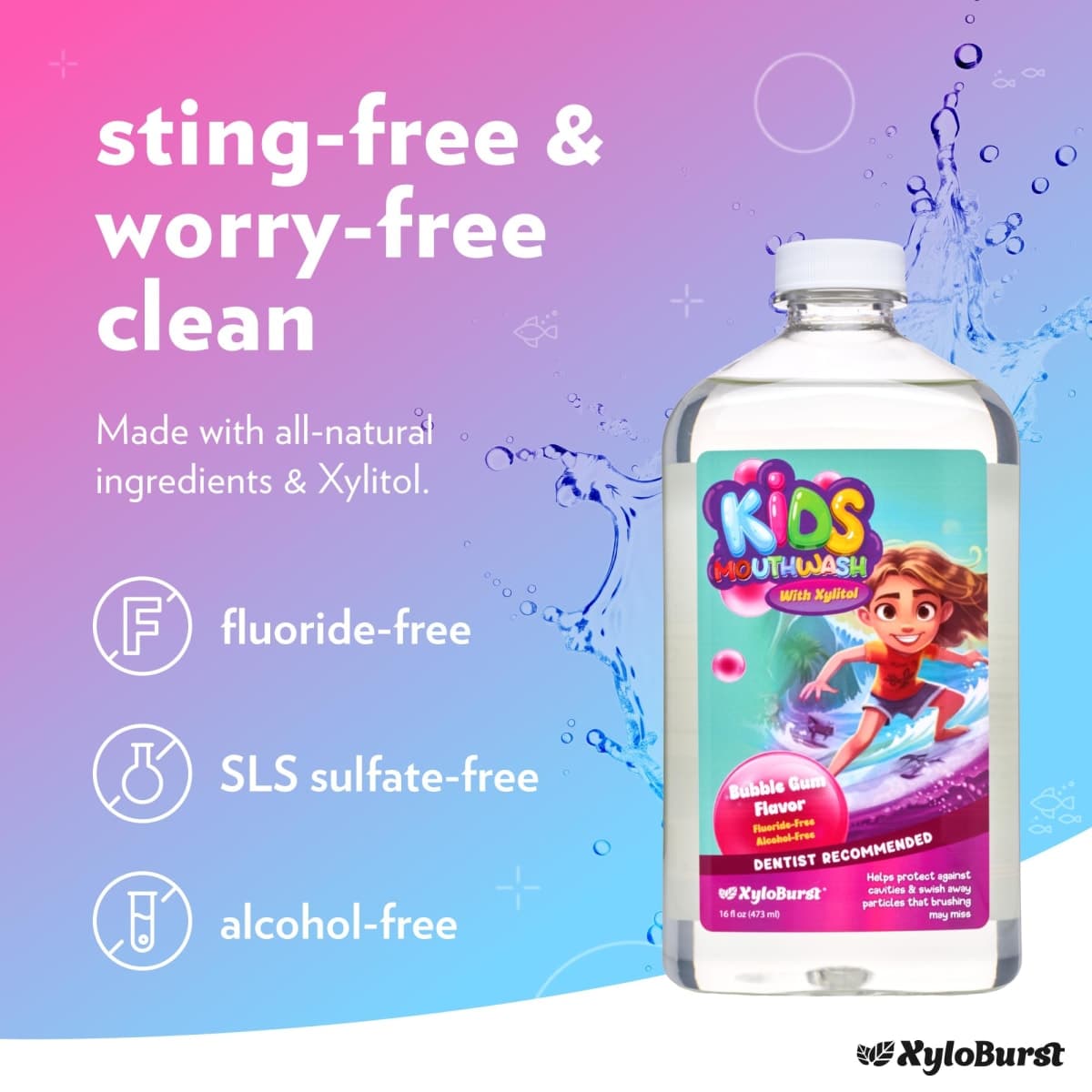 Xyloburst Oral Rinse Kids Mouthwash - Natural Xylitol Mouthwash, Fluoride Free Mouth Rinse with Aloe Vera, Alcohol Free, 16 fl oz thumbnail 2