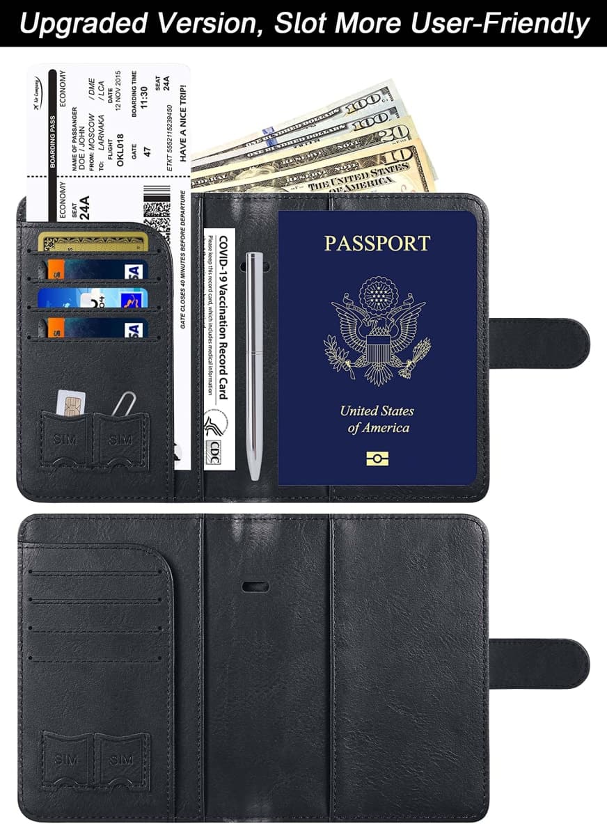 Passport Holder Cover Wallet Travel Essentials Leather Rfid Blocking Case Vacation Luggage Must Haves Travel Accessories for Men Women, 117#Black, For Airtag thumbnail 2