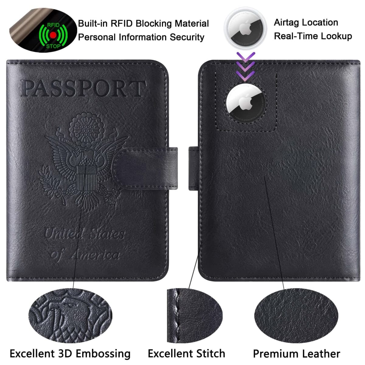 Passport Holder Cover Wallet Travel Essentials Leather Rfid Blocking Case Vacation Luggage Must Haves Travel Accessories for Men Women, 117#Black, For Airtag thumbnail 3