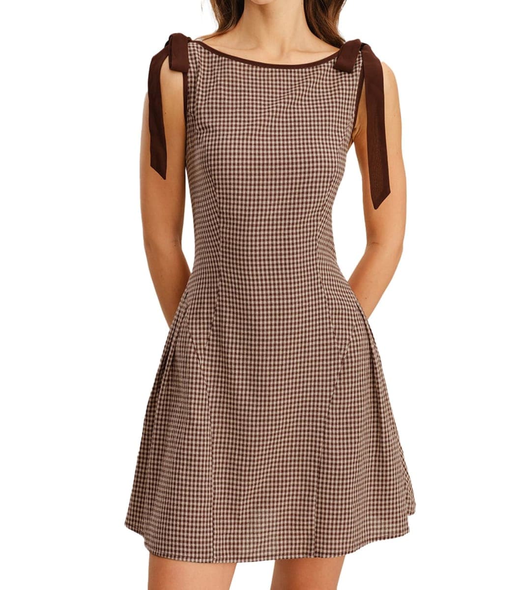 RIHOAS Women's Plaid Boat Neck A-Line Midi Dress - Casual Vintage Plaid Dress for Women, Brown-mini, Medium — image 1