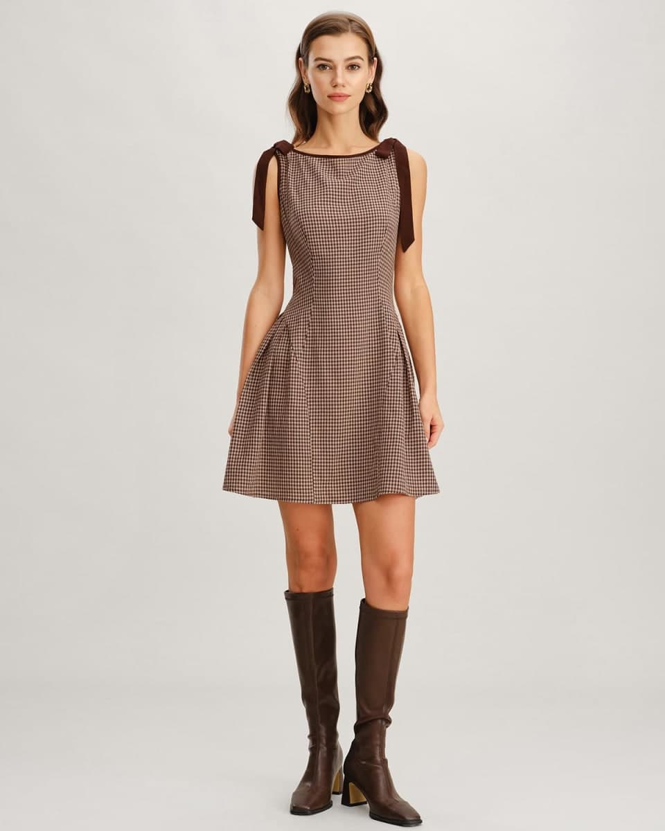 RIHOAS Women's Plaid Boat Neck A-Line Midi Dress - Casual Vintage Plaid Dress for Women, Brown-mini, Medium thumbnail 2